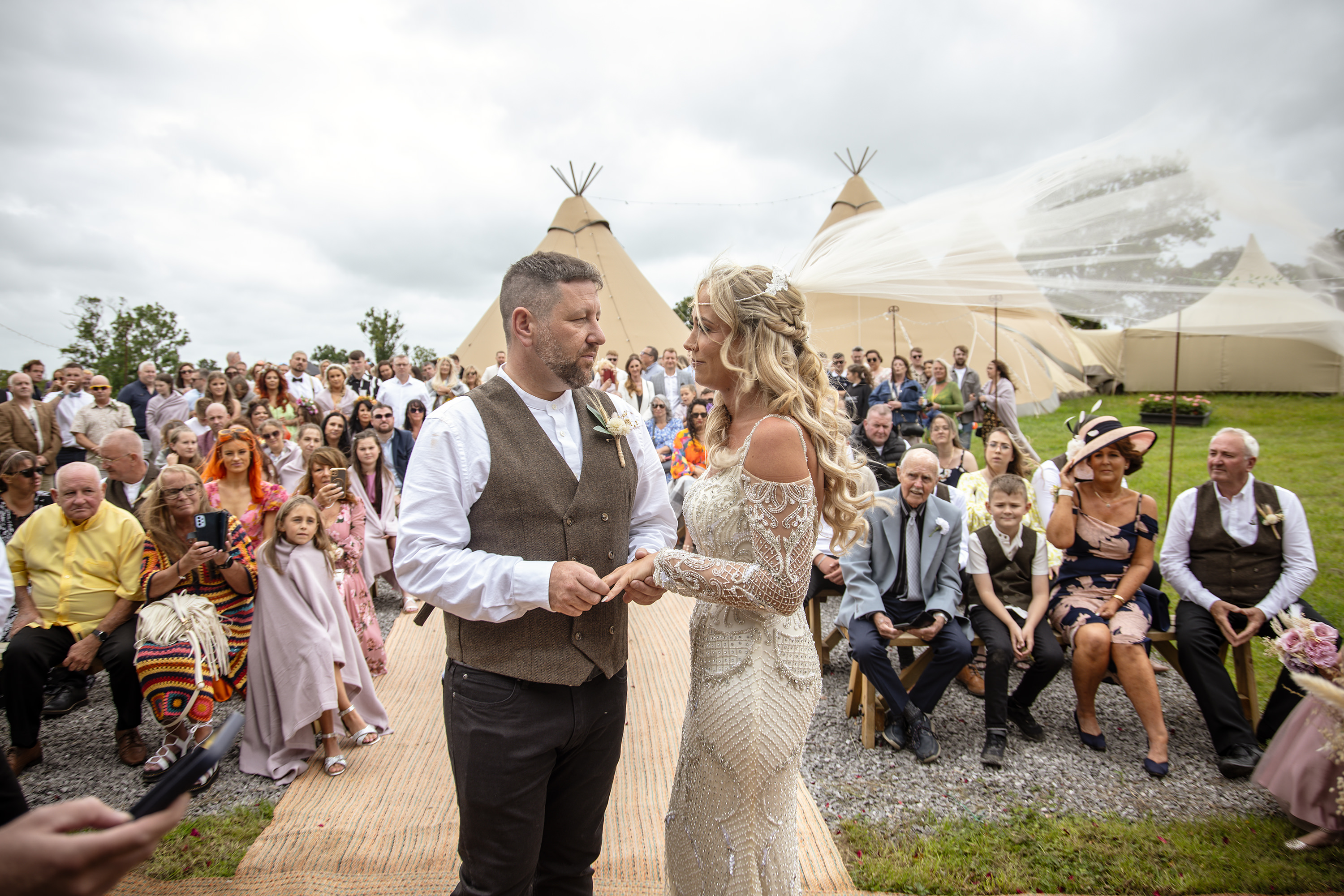 The bride and groom exchanged their wedding rings 