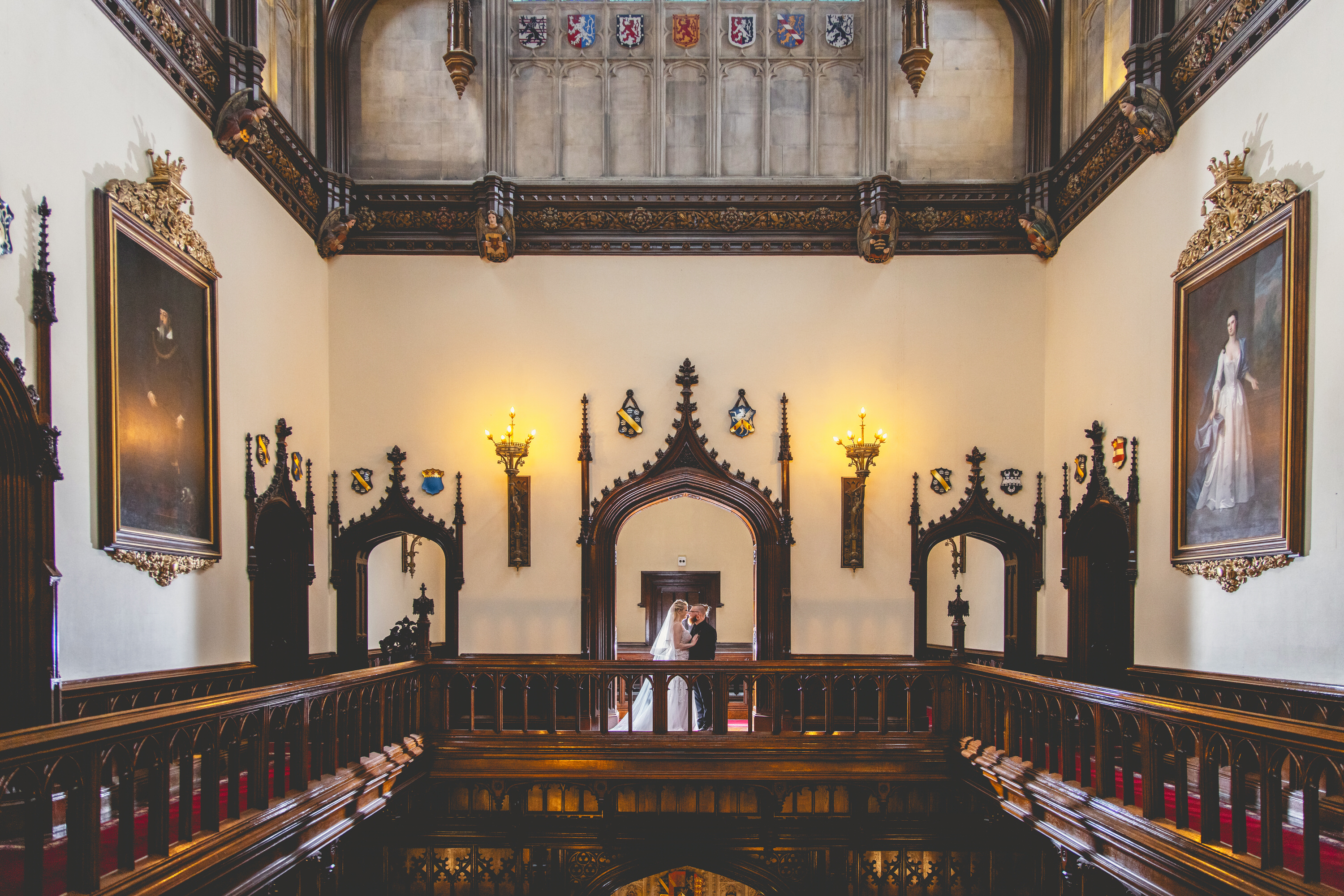 Wedding photos on the balcony Allerton Castle 