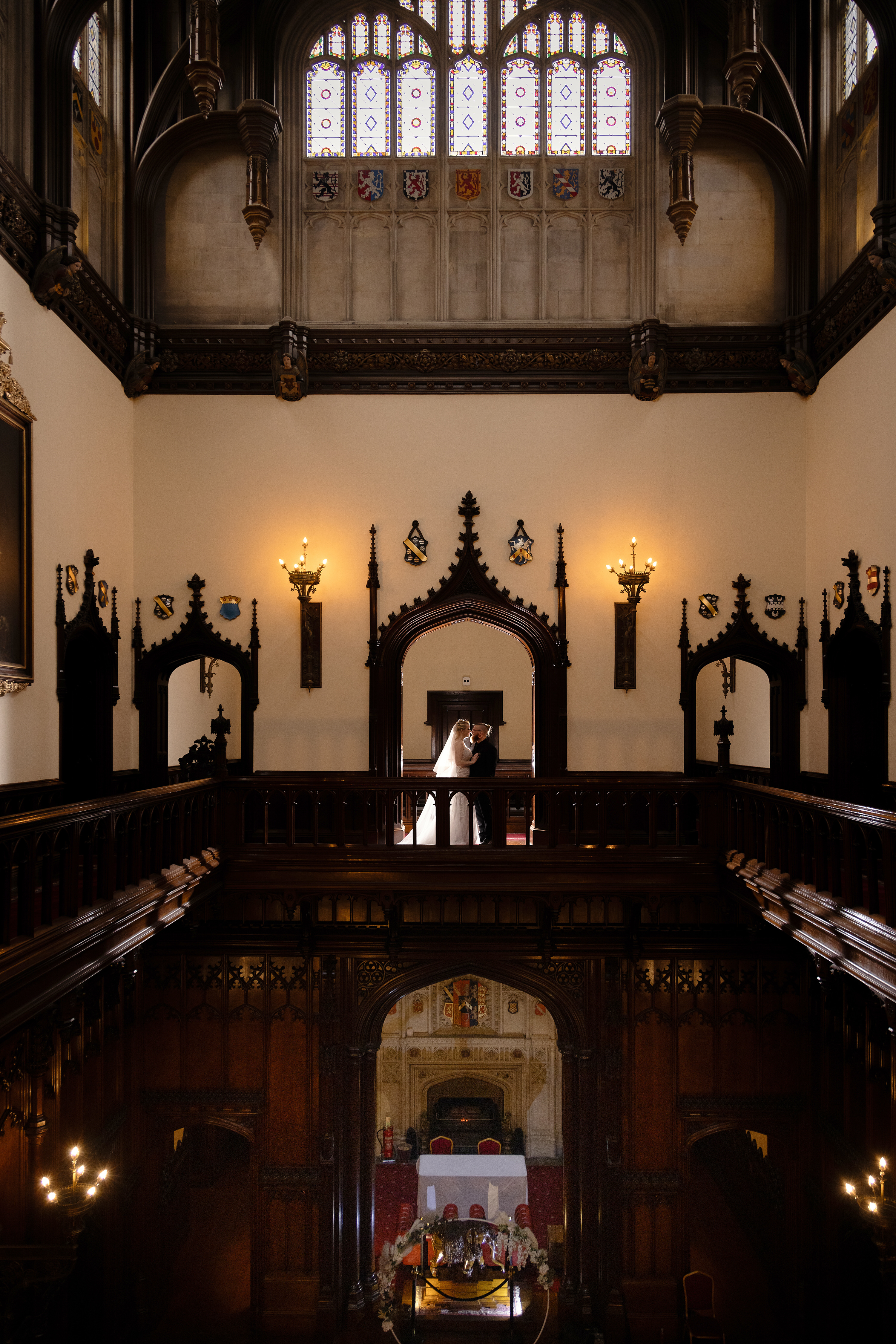 Wedding photos on the balcony Allerton Castle 