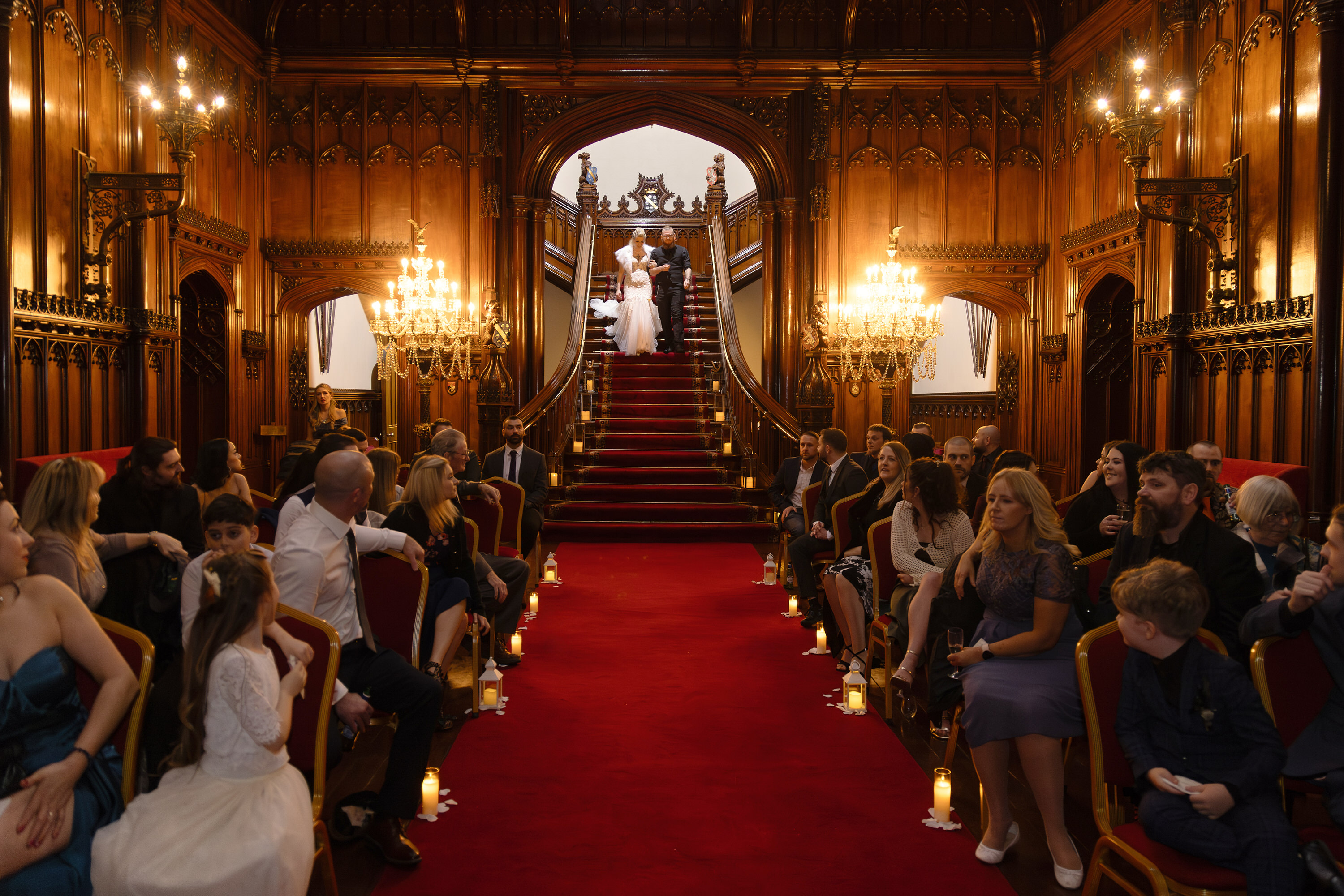 The bride and groom walked down Allerton Castle staircase