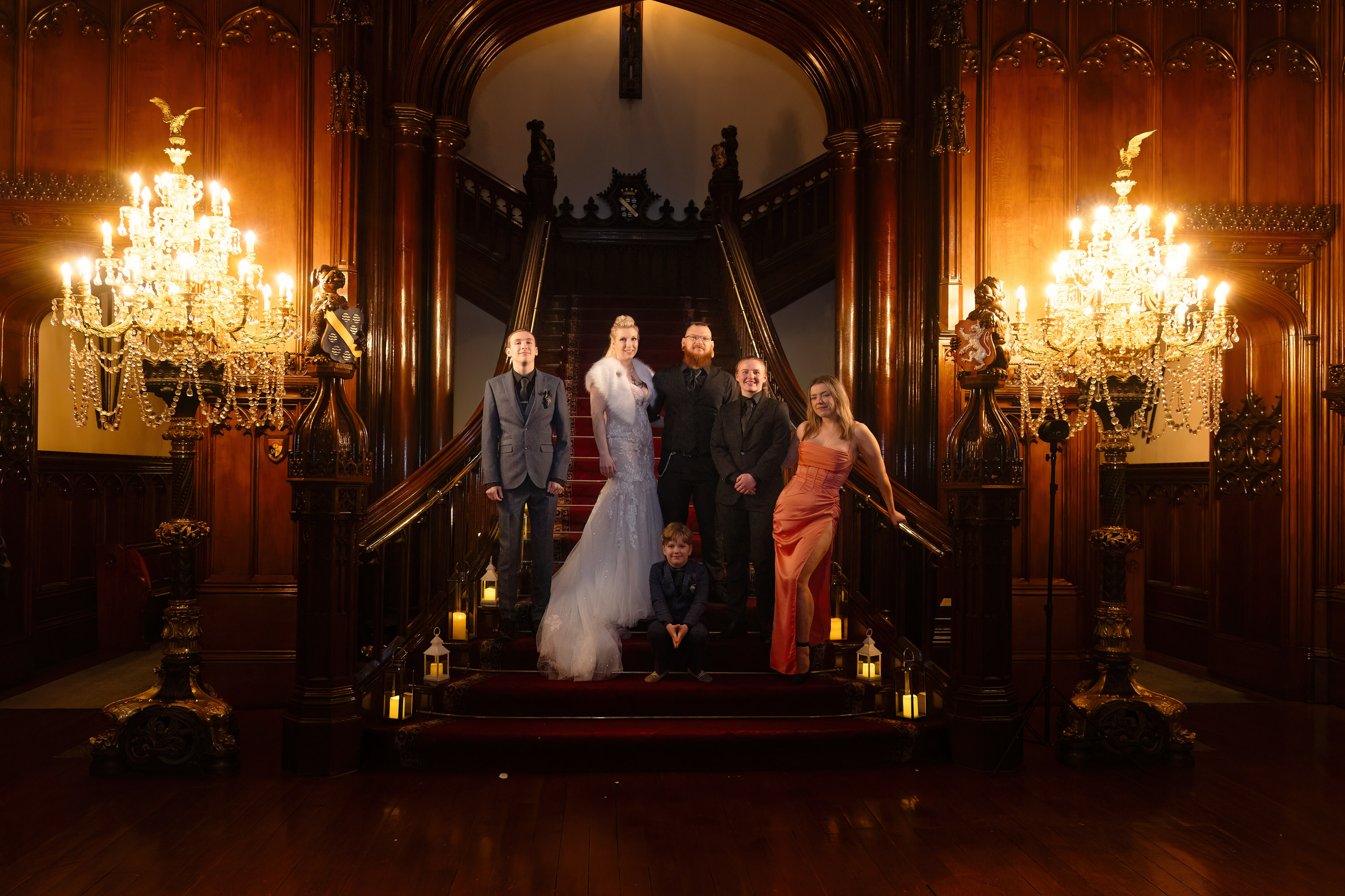 Wedding family photo on the staircase 