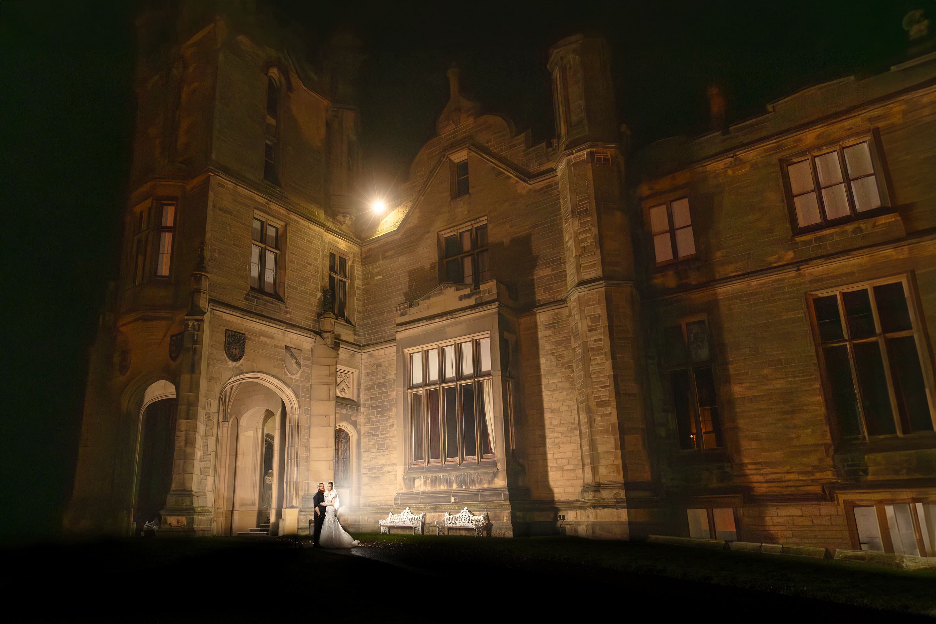 Evening wedding photos outside Allerton Castle 