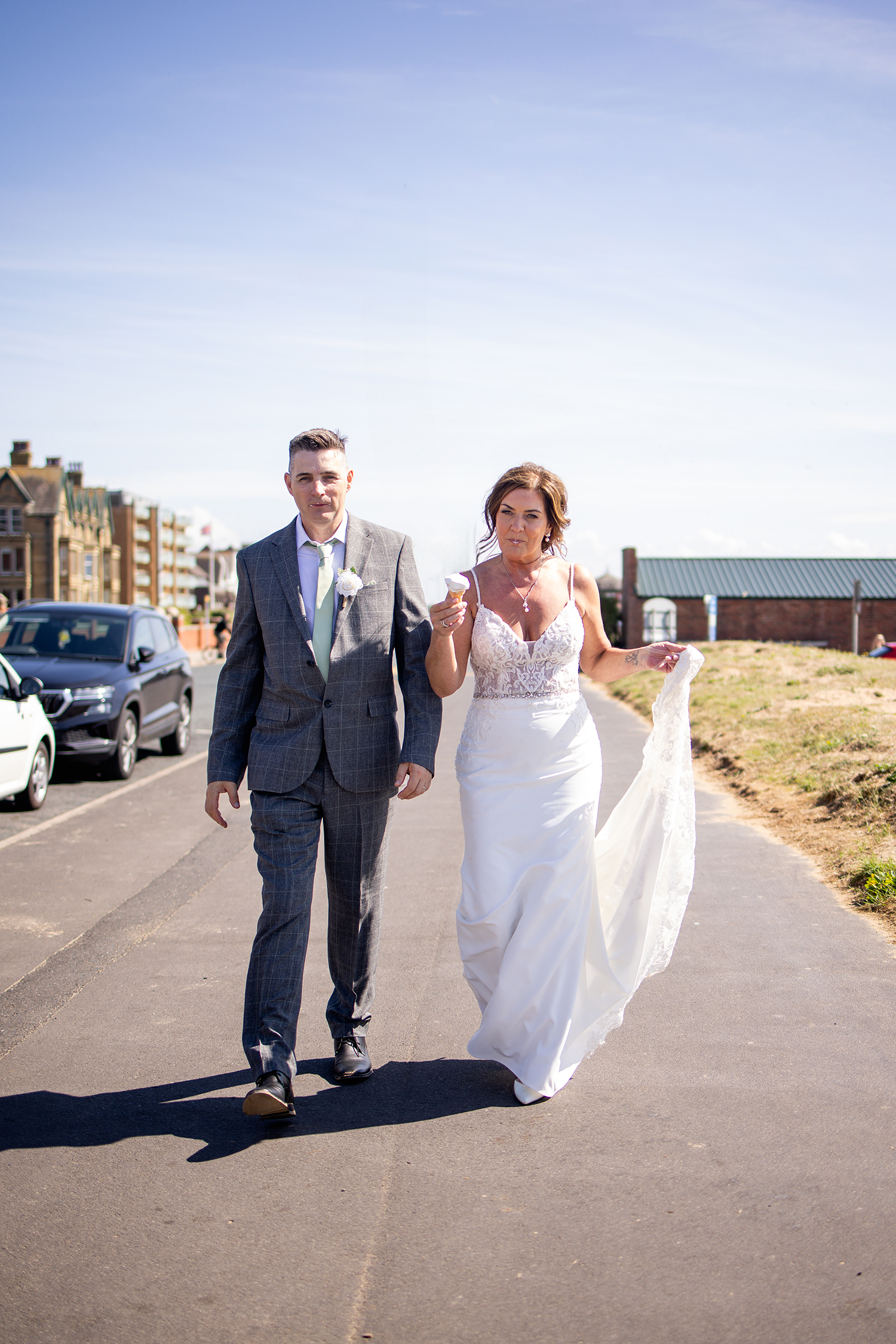 The bride and groom take a walk 