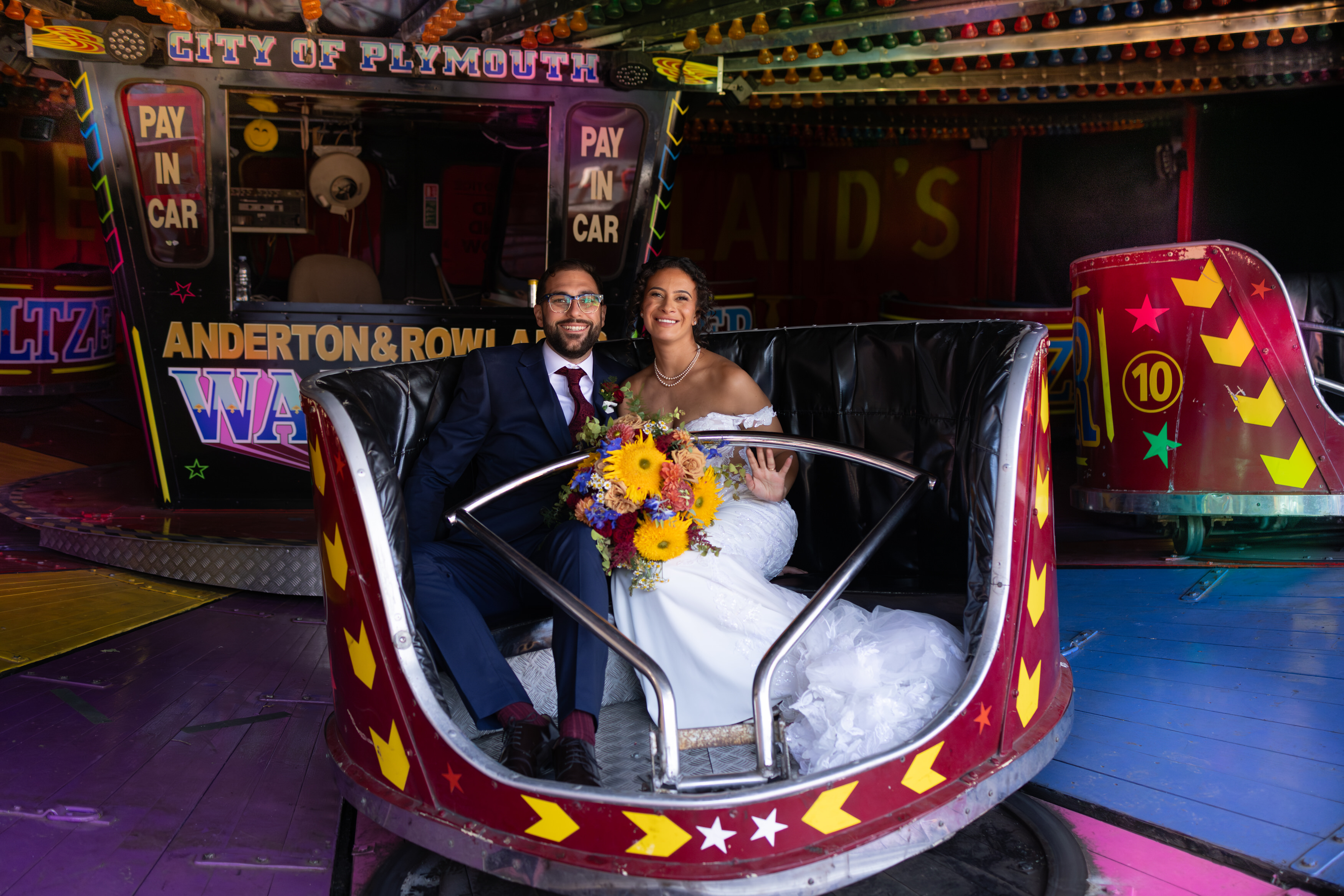 The bride and groom go on a ride at marleybrook house 